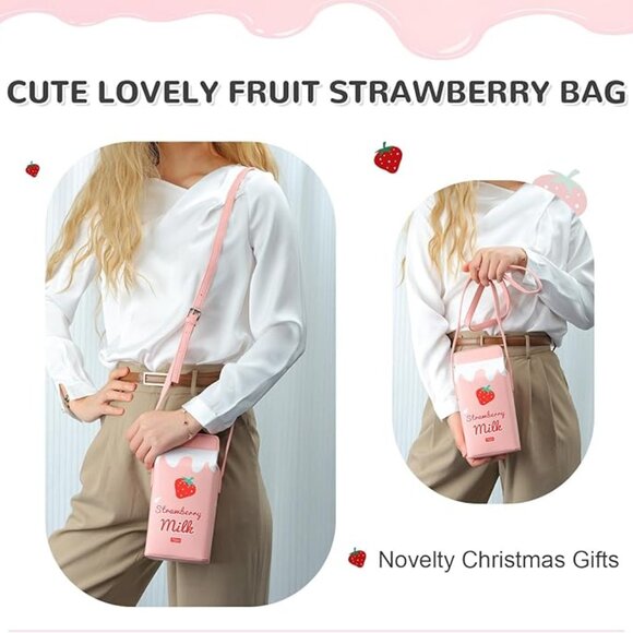 LUI SUI Girl's Fruits Crossbody Pink Bag Purse Strawberry Milk Box Kawaii - Picture 4 of 12